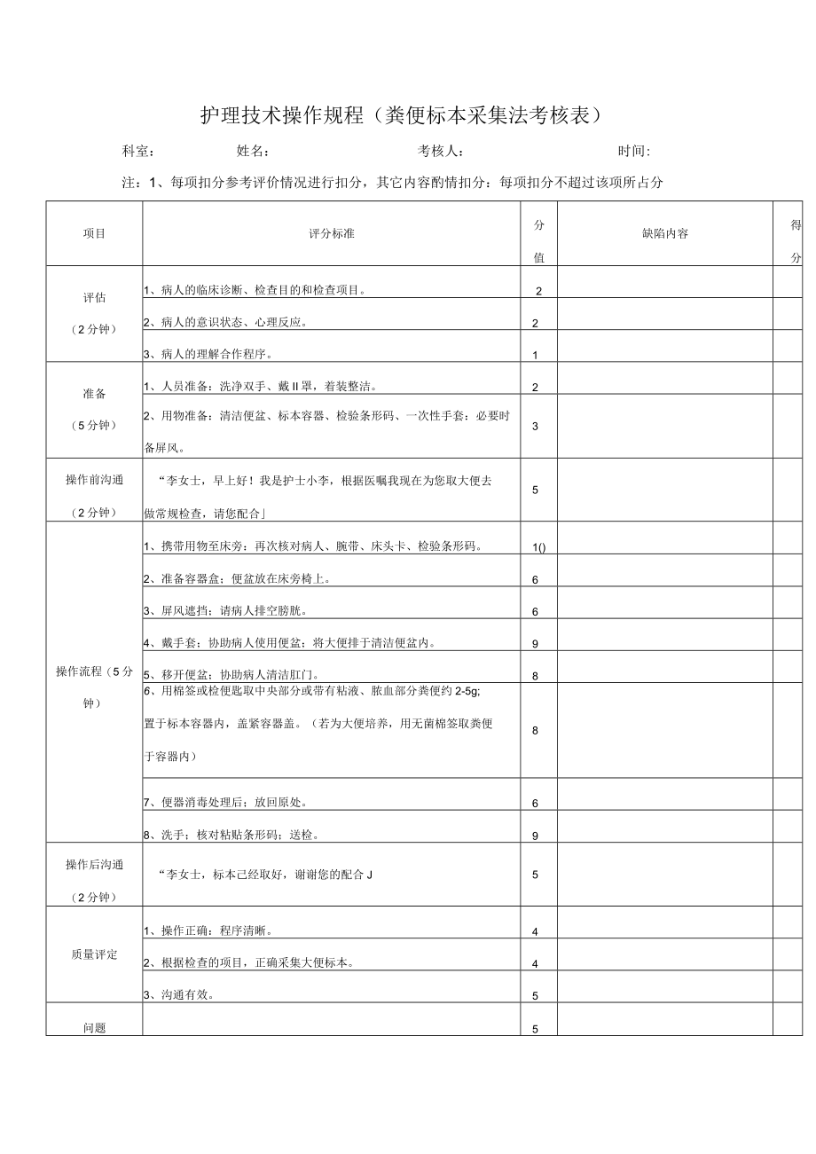 护理技术操作规程（粪便标本采集法考核表）.docx_第1页