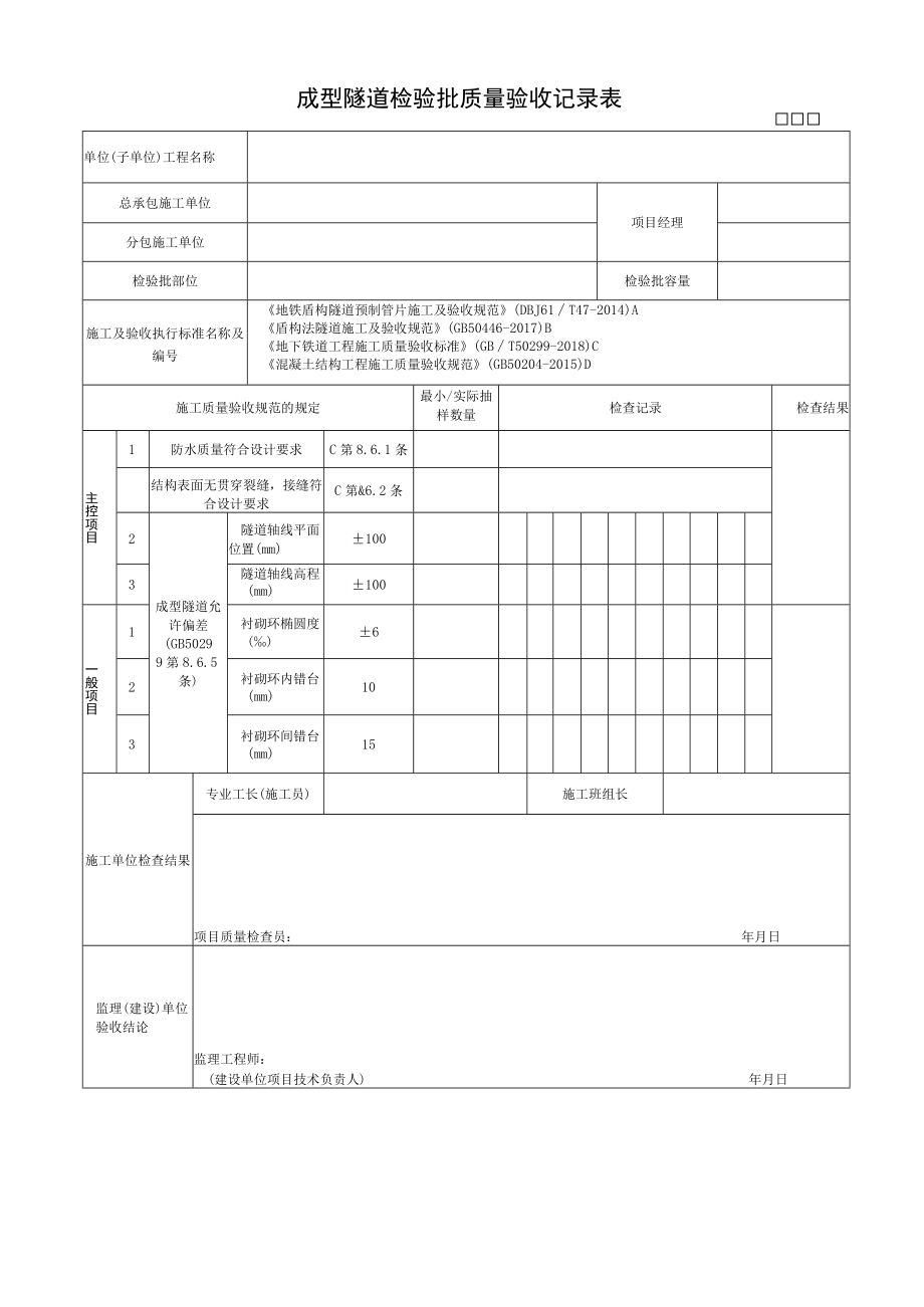 成型隧道检验批质量验收记录表.docx_第1页