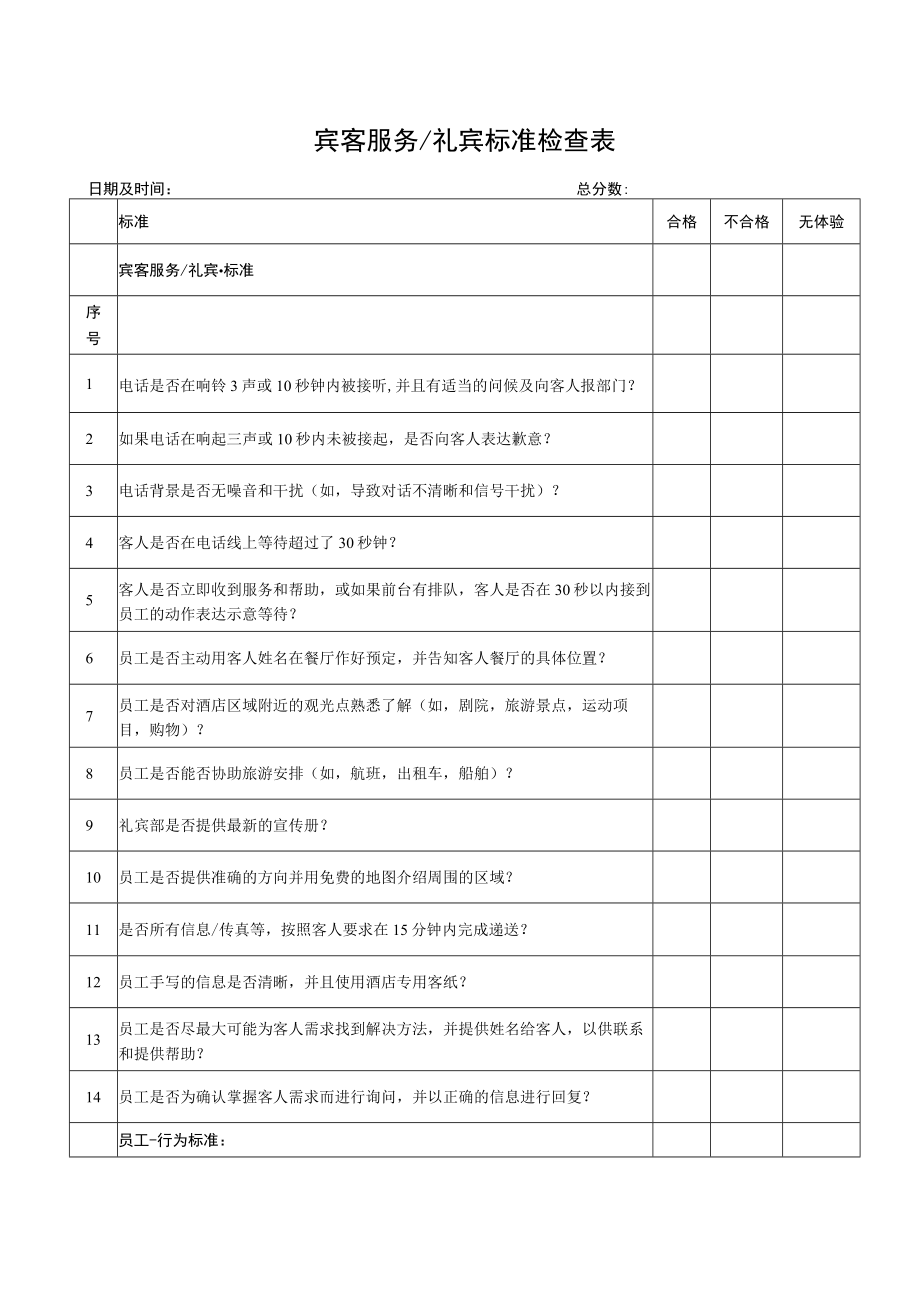 宾客服务礼宾标准检查表.docx_第1页