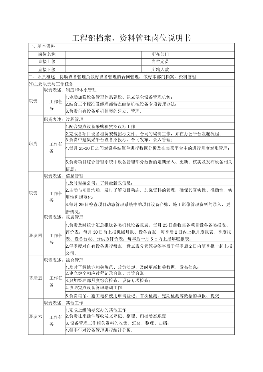 工程部档案、资料管理岗位说明书.docx_第1页