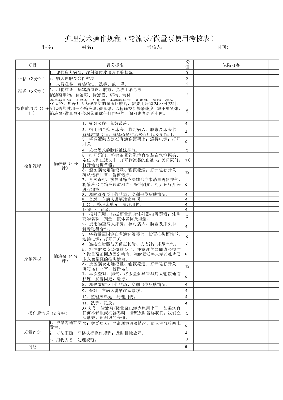 护理技术操作规程（轮流泵微量泵使用考核表）.docx_第1页