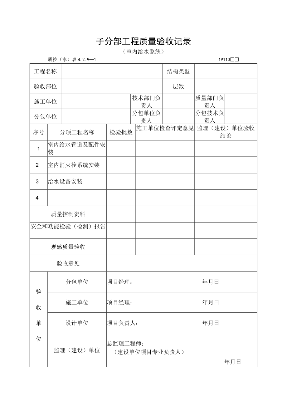 子分部工程质量验收记录（室内给水系统）.docx_第1页