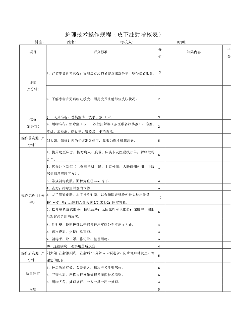 护理技术操作规程（皮下注射考核表）.docx_第1页