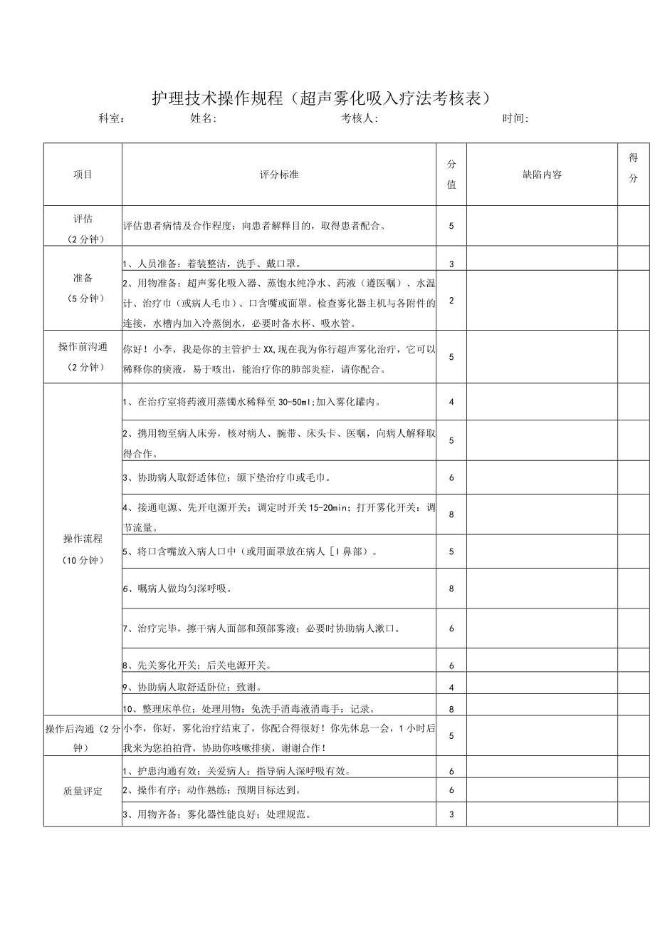 护理技术操作规程（超声雾化吸入疗法考核表）.docx_第1页