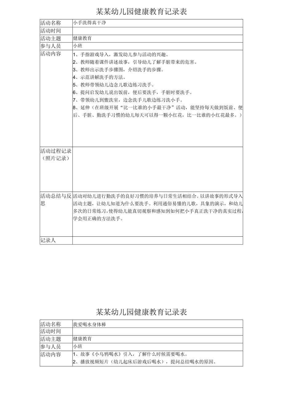 幼儿园-小班健康教育教学记录表格5篇.docx_第1页