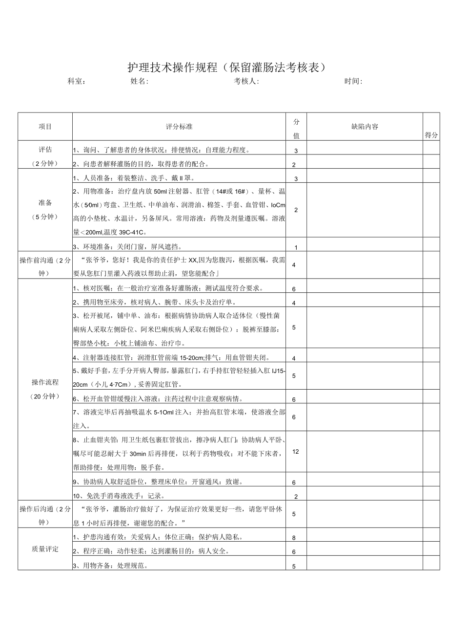 护理技术操作规程（保留灌肠法考核表）.docx_第1页