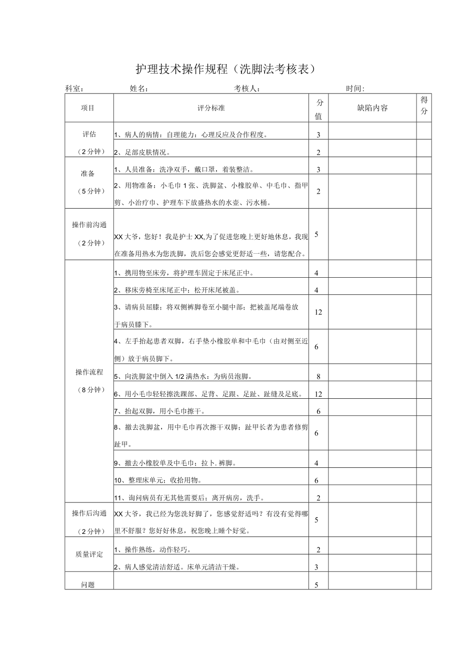 护理技术操作规程（洗脚法考核表）.docx_第1页