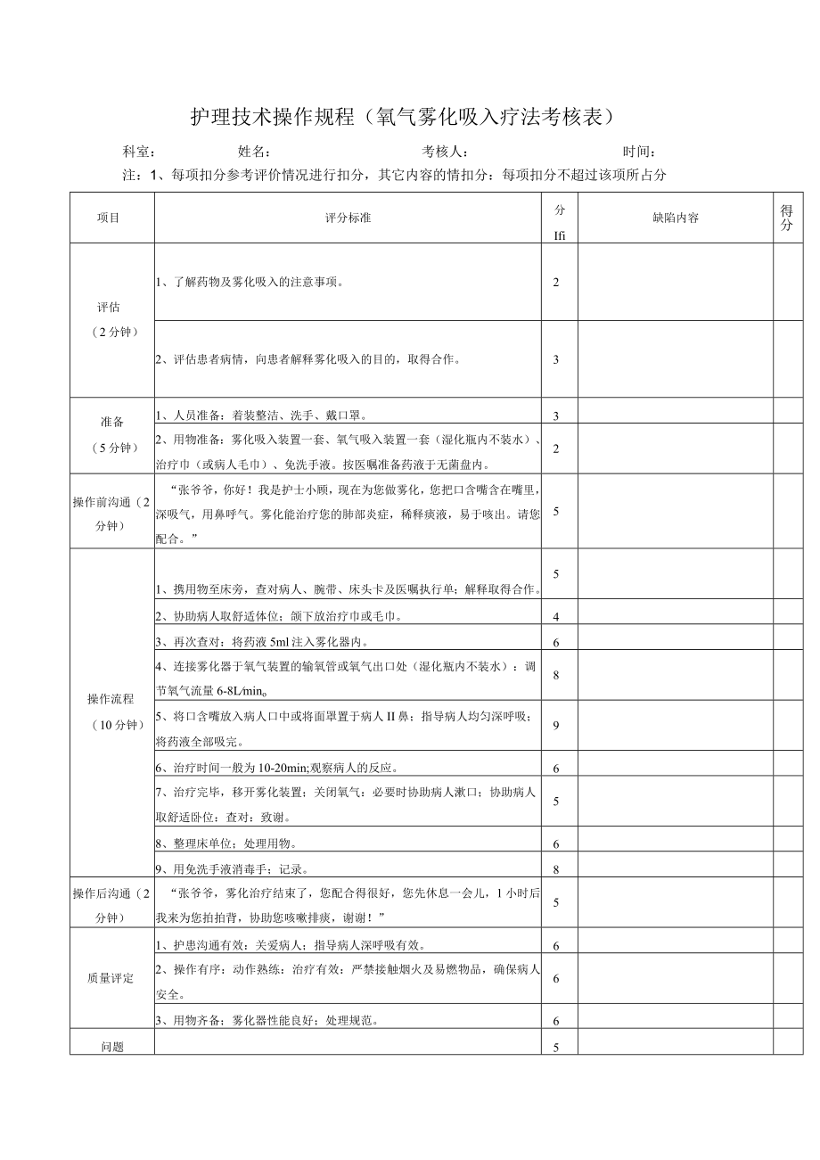 护理技术操作规程（氧气雾化吸入疗法考核表）.docx_第1页