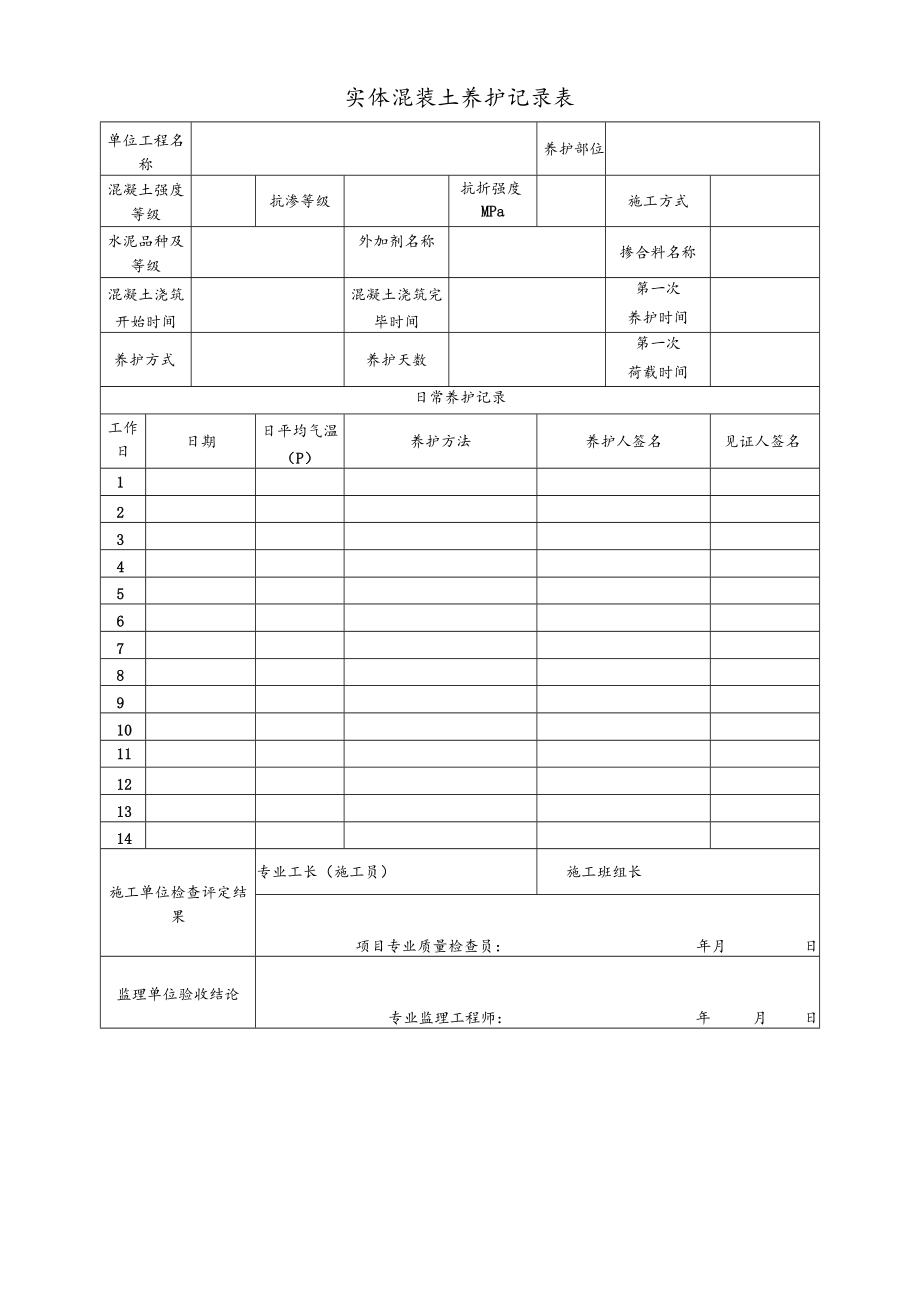 实体混凝土养护记录表.docx_第1页