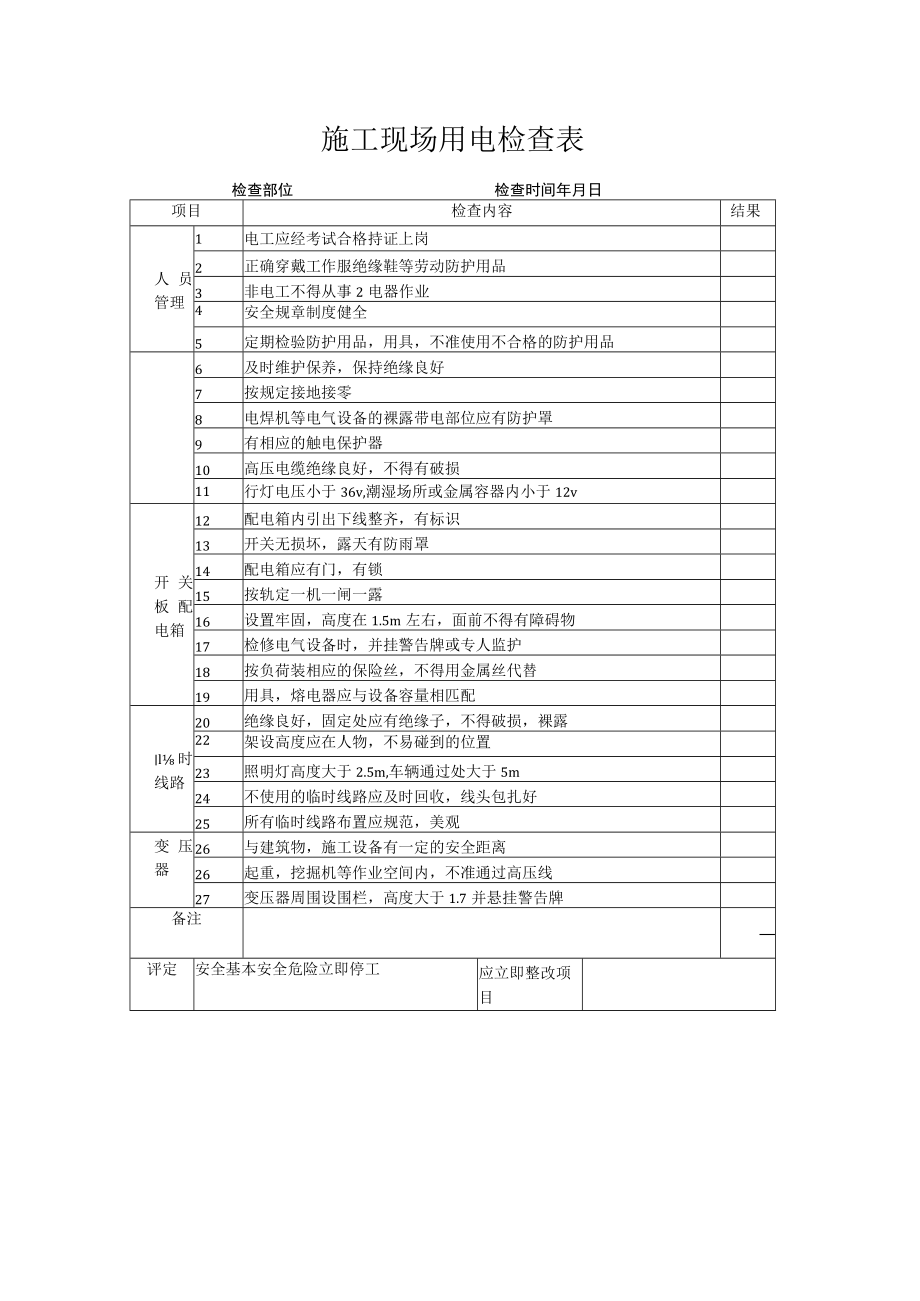 春节后复工施工现场安全检查表之施工现场用电检查表.docx_第1页