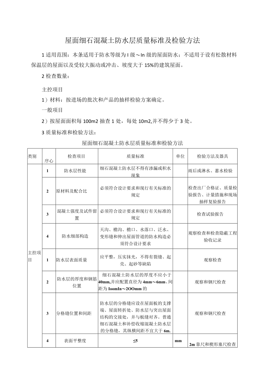 屋面细石混凝土防水层质量标准及检验方法.docx_第1页