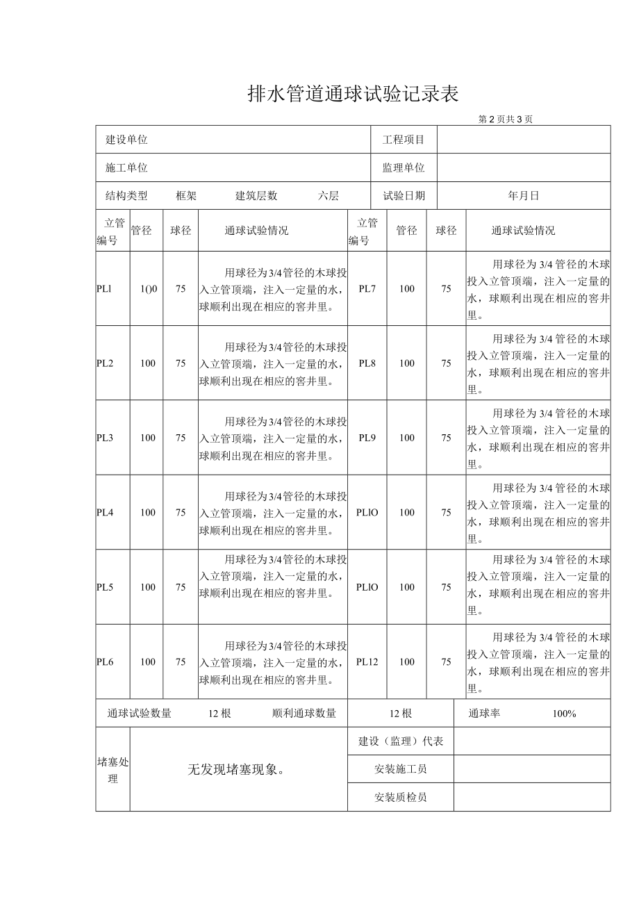 排水管道通球试验记录表.docx_第1页