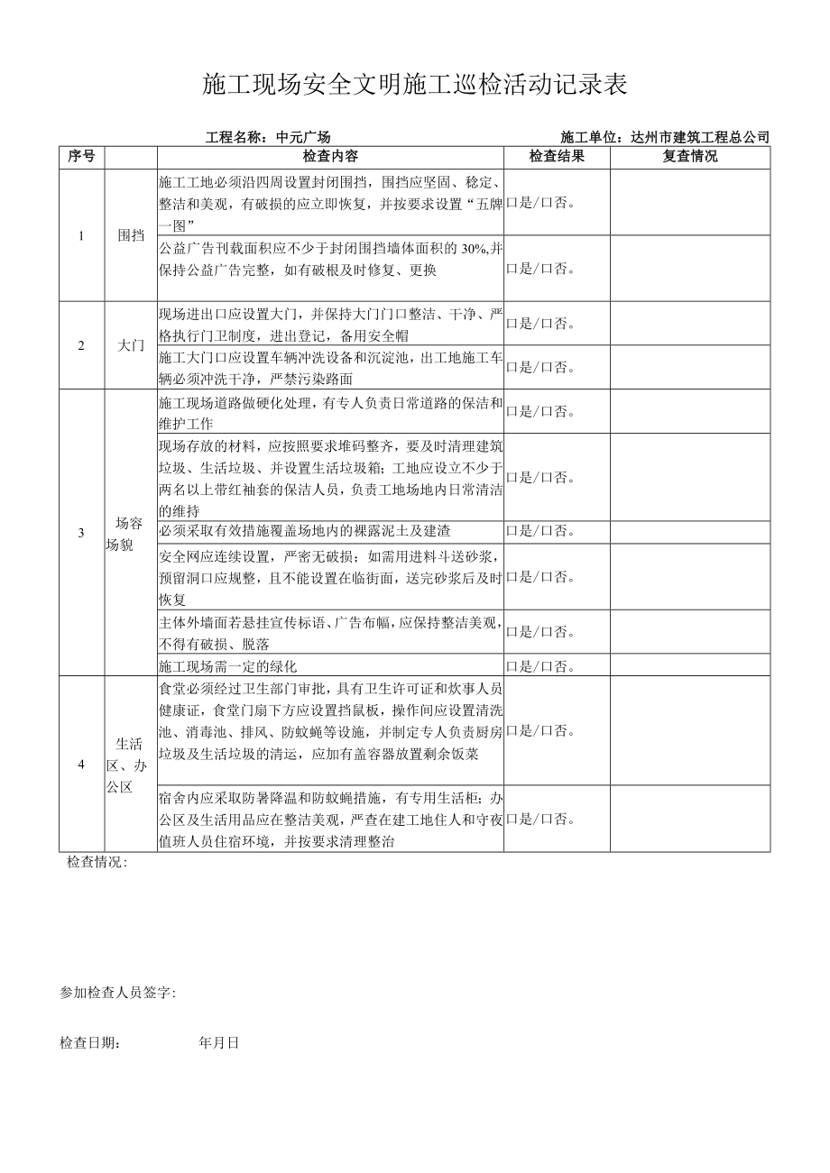 施工现场安全文明施工巡检活动记录表.docx_第1页