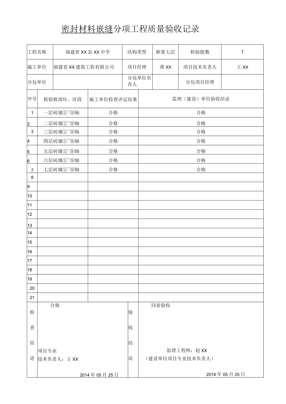 密封材料嵌缝分项工程质量验收记录.docx_第1页