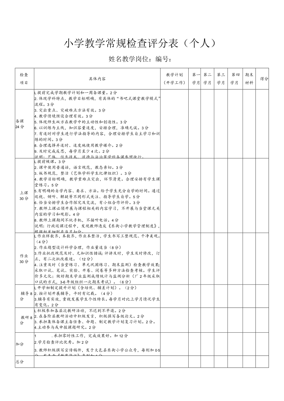 小学教学常规检查评分表.docx_第1页