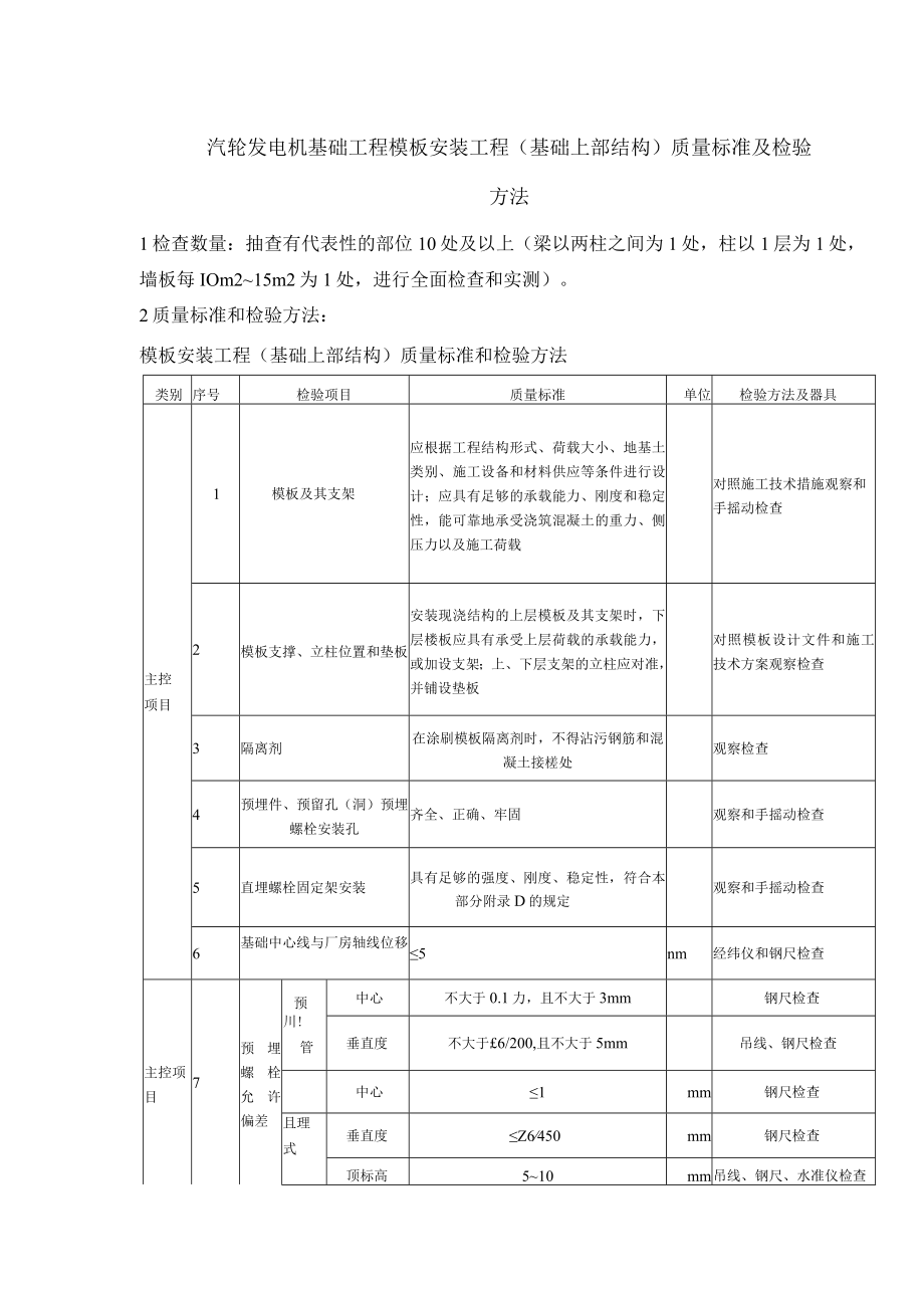 汽轮发电机基础工程模板安装工程（基础上部结构）质量标准及检验方法.docx_第1页