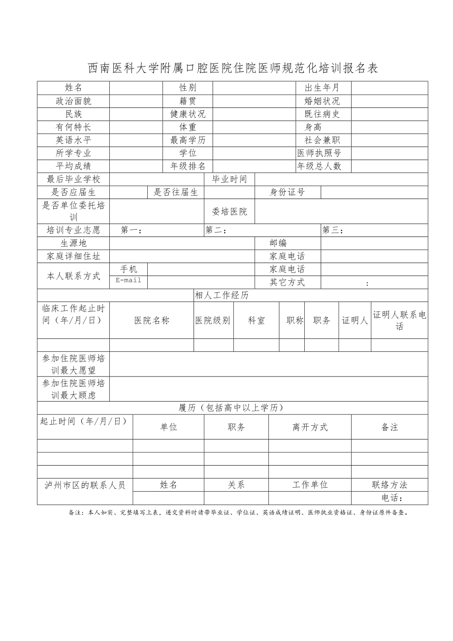 西南医科大学附属口腔医院住院医师规范化培训报名表.docx_第1页