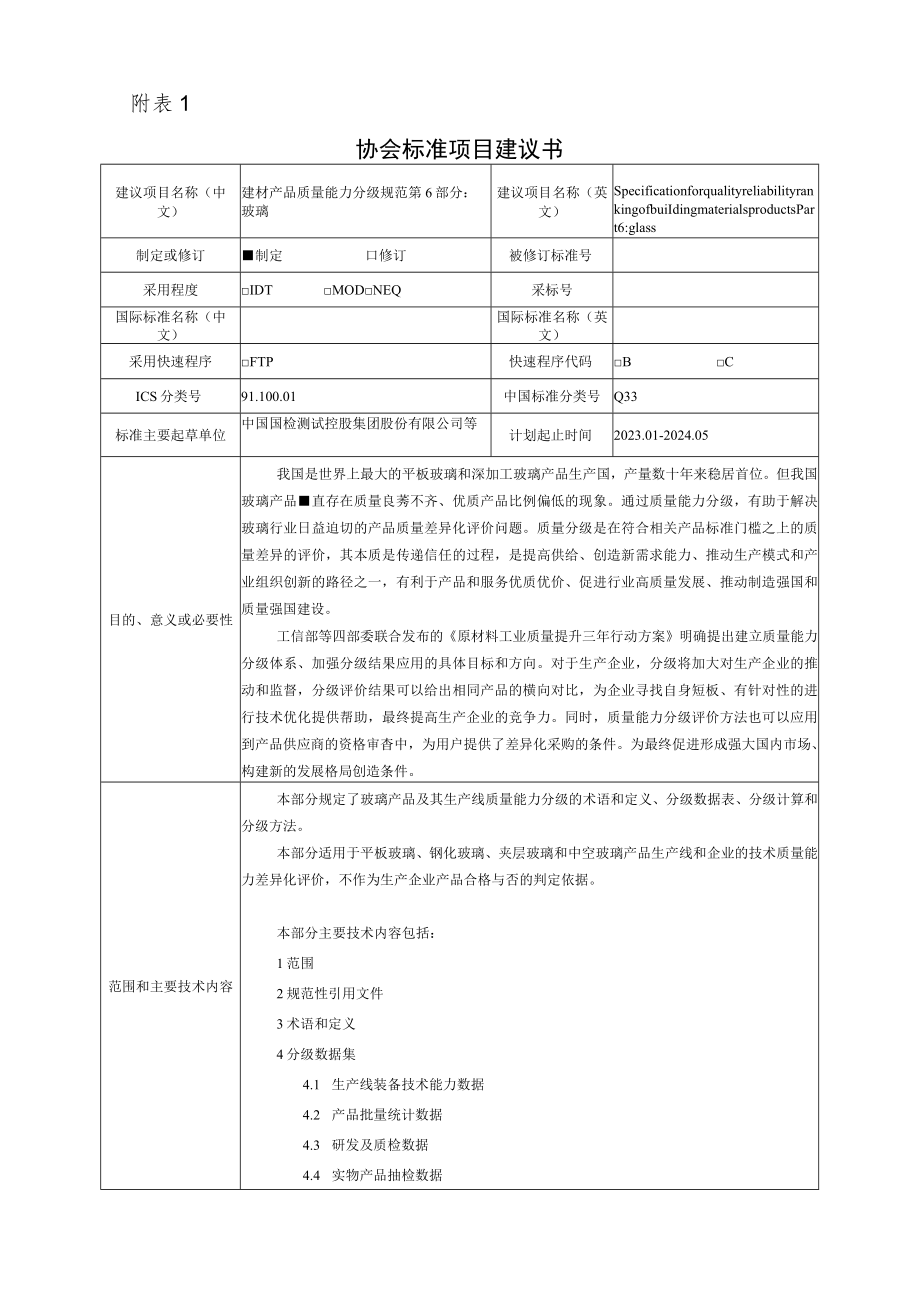 标准项目建议书《建材产品质量能力分级规范 第6部分：玻璃》.docx_第1页