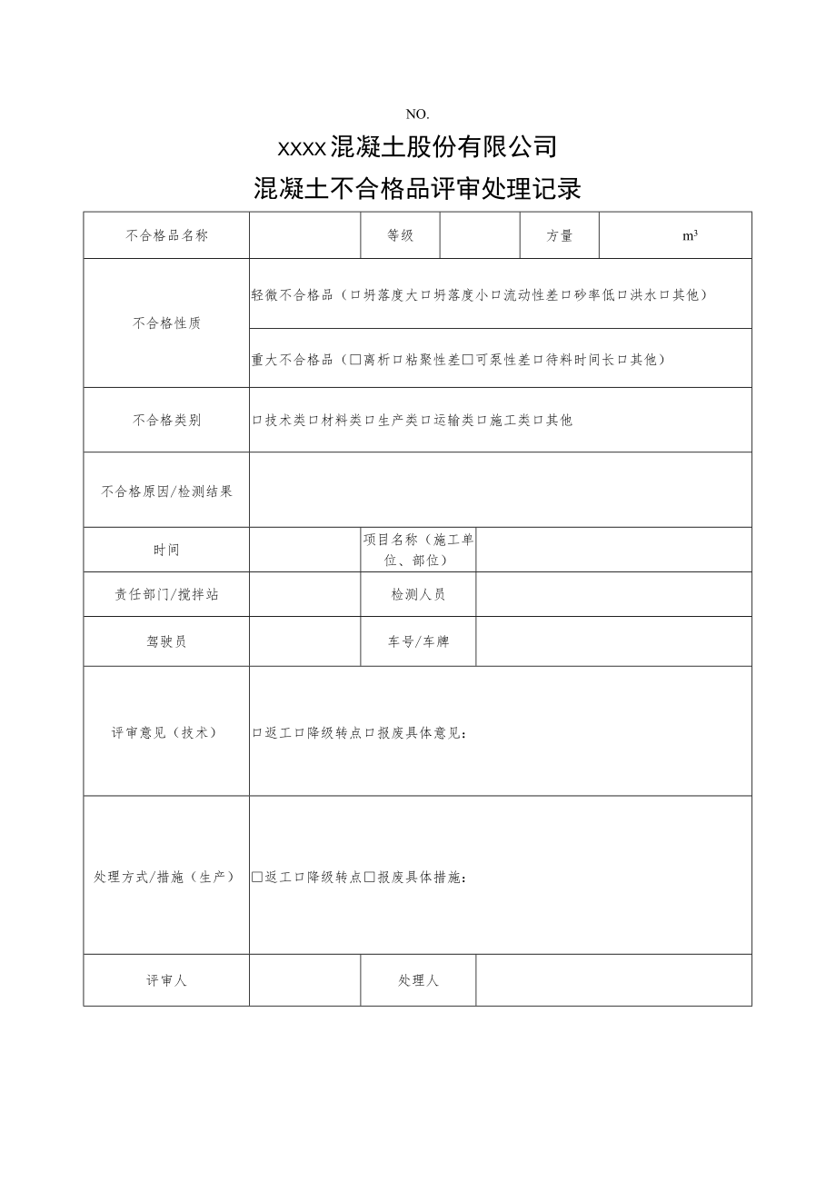 混凝土不合格品评审处理记录.docx_第1页