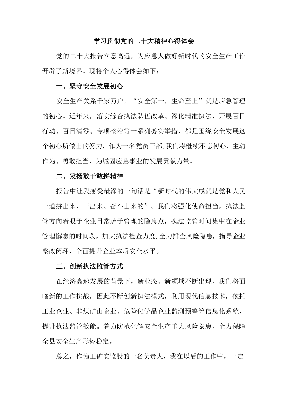 应急管理局副书记学习贯彻党的二十大精神心得体会三篇.docx_第1页