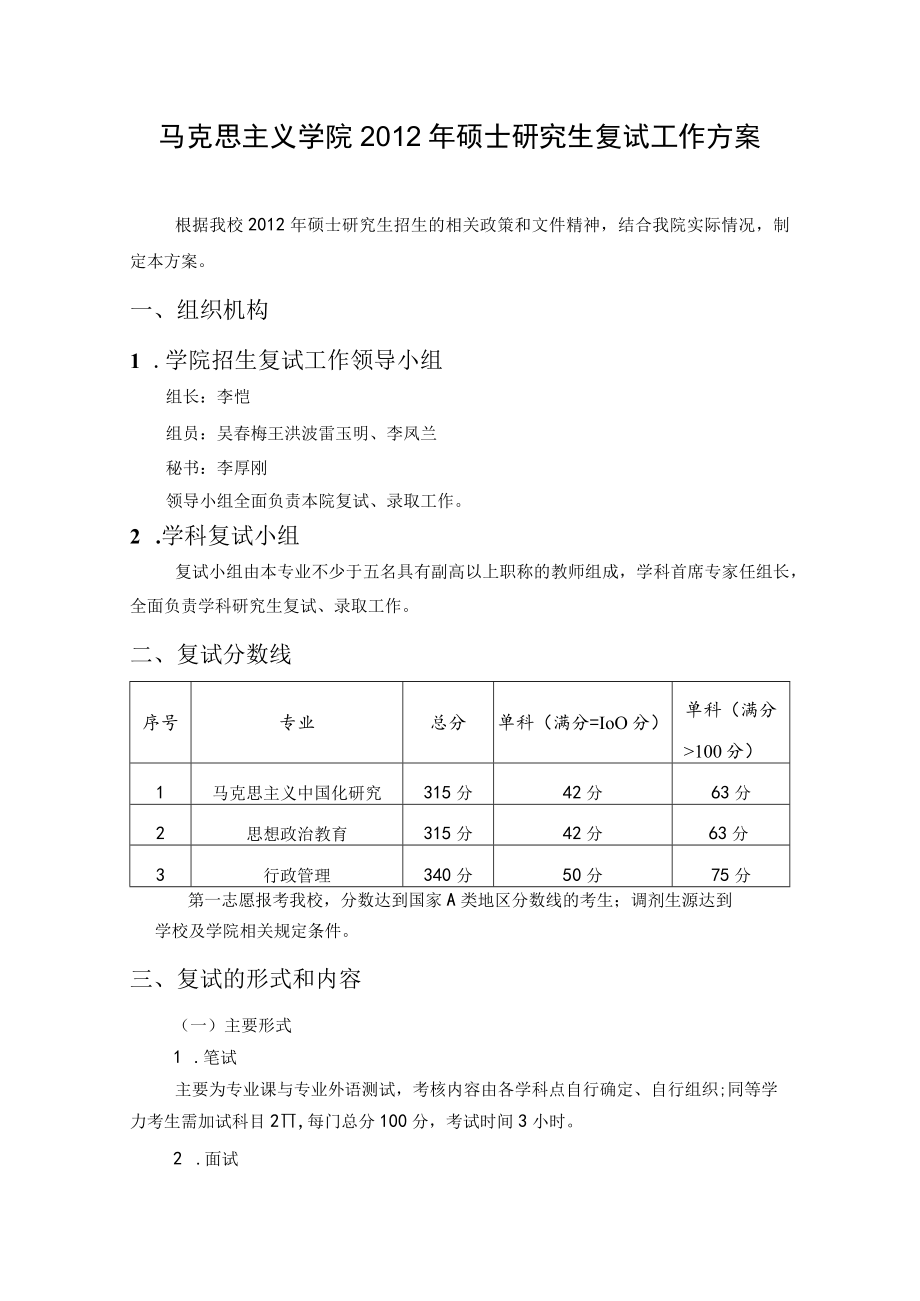 马克思主义学院2012年硕士研究生复试工作方案.docx_第1页