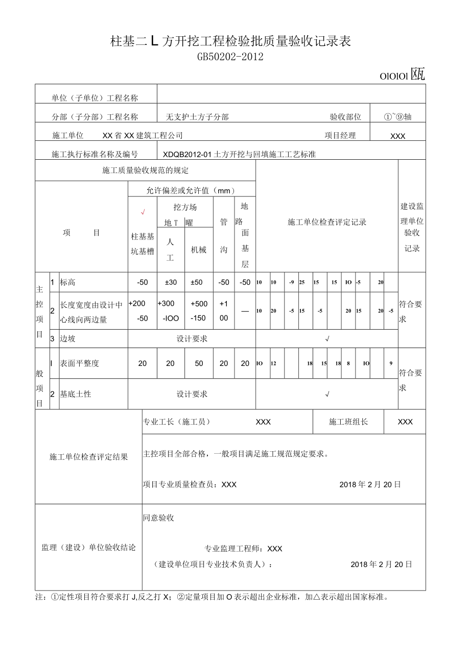 柱基 土方开挖工程检验批质量验收记录表.docx_第1页