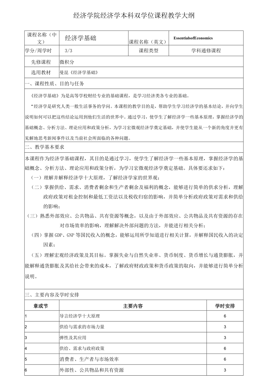 经济学院经济学本科双学位课程教学大纲.docx_第1页