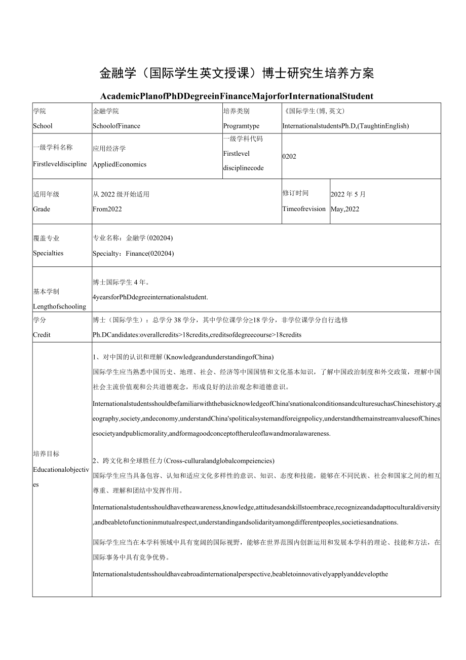 金融学国际学生英文授课博士研究生培养方案.docx_第1页