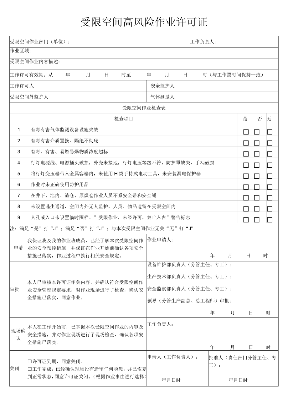 受限空间高风险作业许可证.docx_第1页