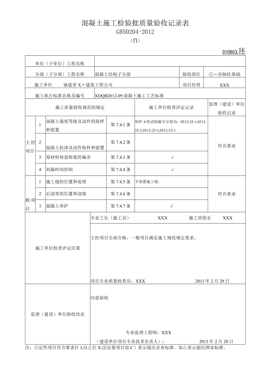 混凝土施工检验批质量验收记录表.docx_第1页