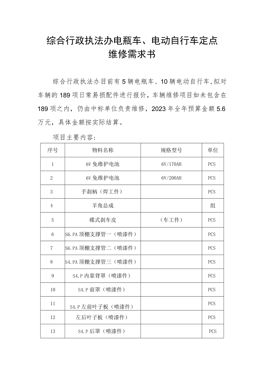 综合行政执法办电瓶车、电动自行车定点维修需求书.docx_第1页