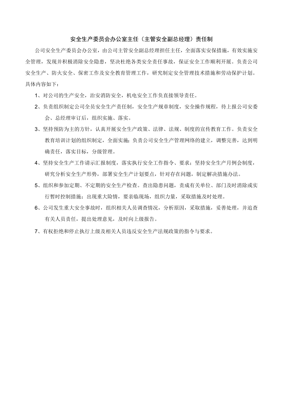 某公司安全生产委员会办公室主任（主管安全副总经理）安全责任制.docx_第1页