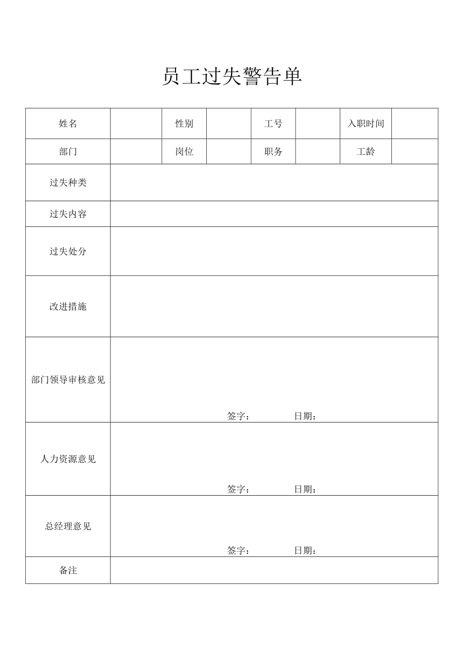 员工过失警告单.docx_第1页