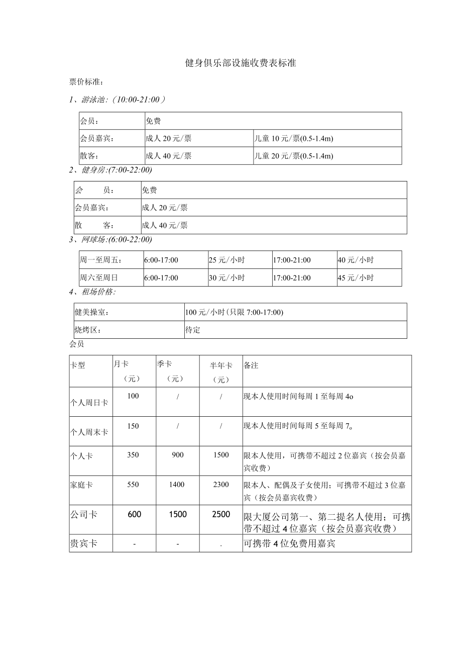 健身俱乐部设施收费表标准.docx_第1页