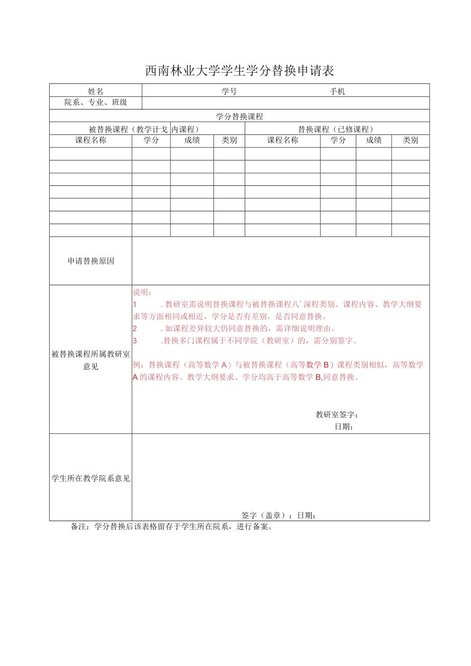 西南林业大学学生学分替换申请表.docx_第1页
