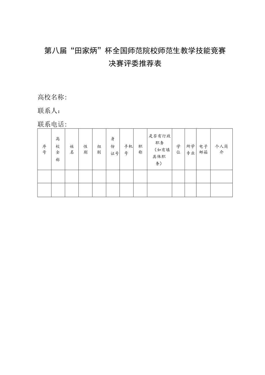 第八届“田家炳”杯全国师范院校师范生教学技能竞赛决赛评委推荐表.docx_第1页