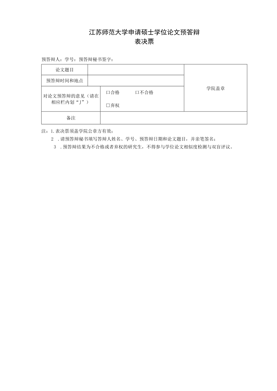 江苏师范大学申请硕士学位论文预答辩表决票.docx_第1页