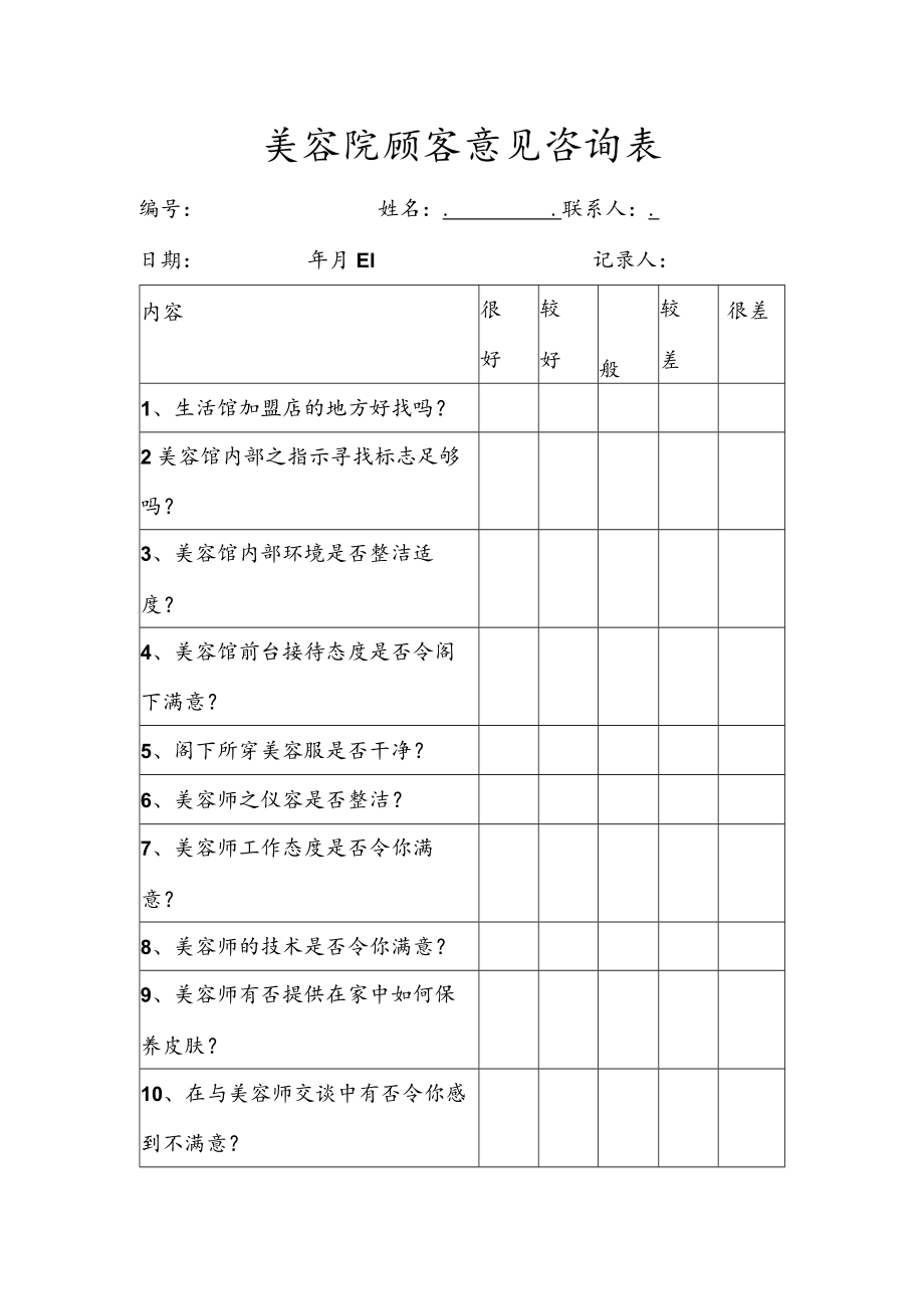 美容院顾客意见咨询表.docx_第1页