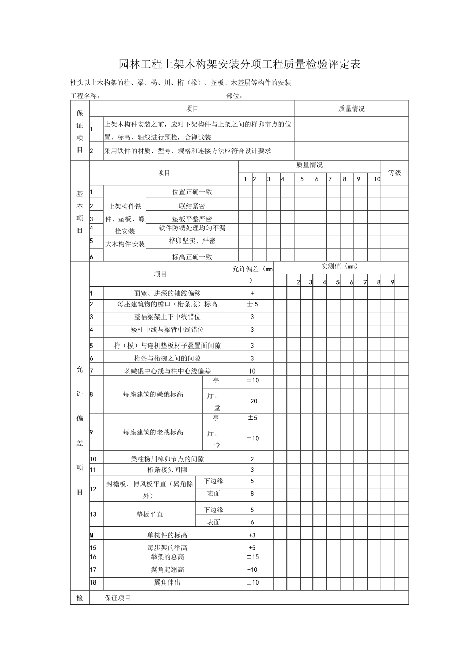 园林工程上架木构架安装分项工程质量检验评定表.docx_第1页