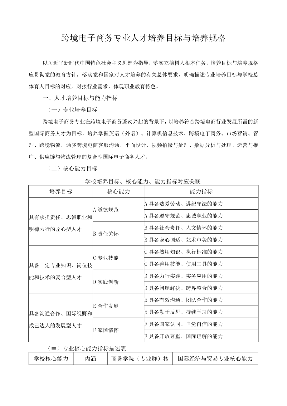 跨境电子商务专业人才培养目标与培养规格.docx_第1页