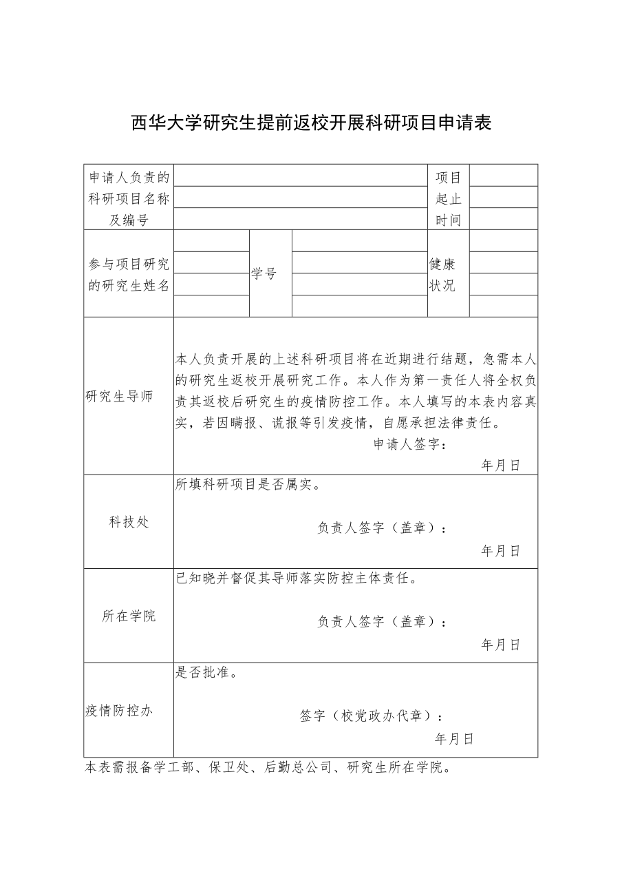 西华大学研究生提前返校开展科研项目申请表.docx_第1页