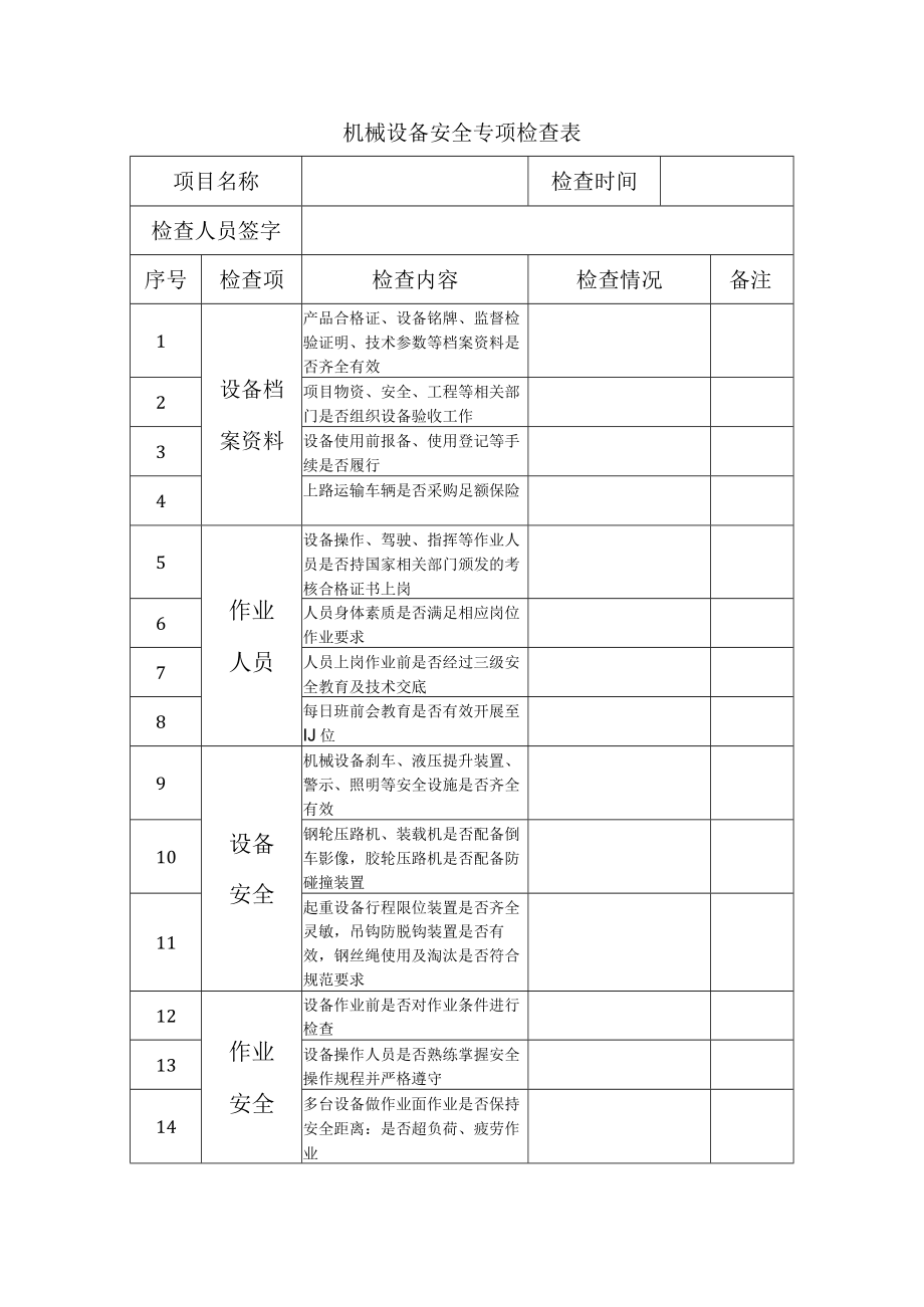 机械设备专项检查表.docx_第1页