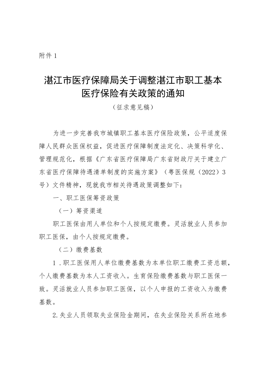 湛江市医疗保障局关于调整湛江市职工基本医疗保险待遇政策的通知（征求意见稿）.docx_第1页