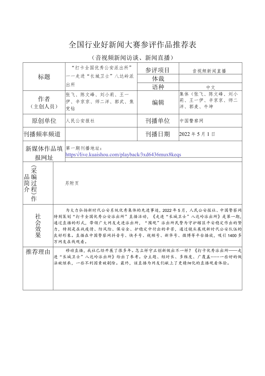 全国行业好新闻大赛参评作品推荐表.docx_第1页