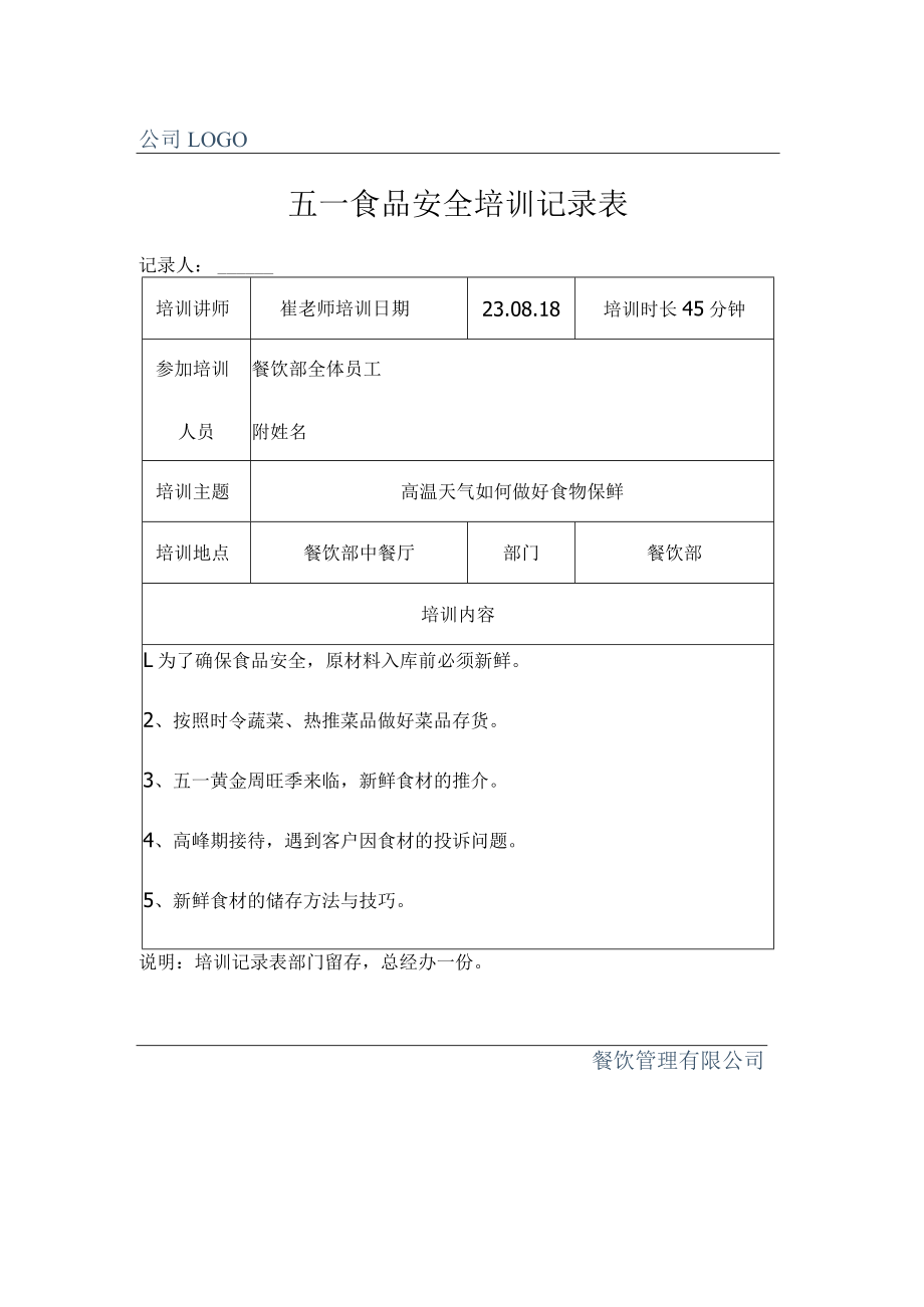 五一食品安全培训记录表.docx_第1页