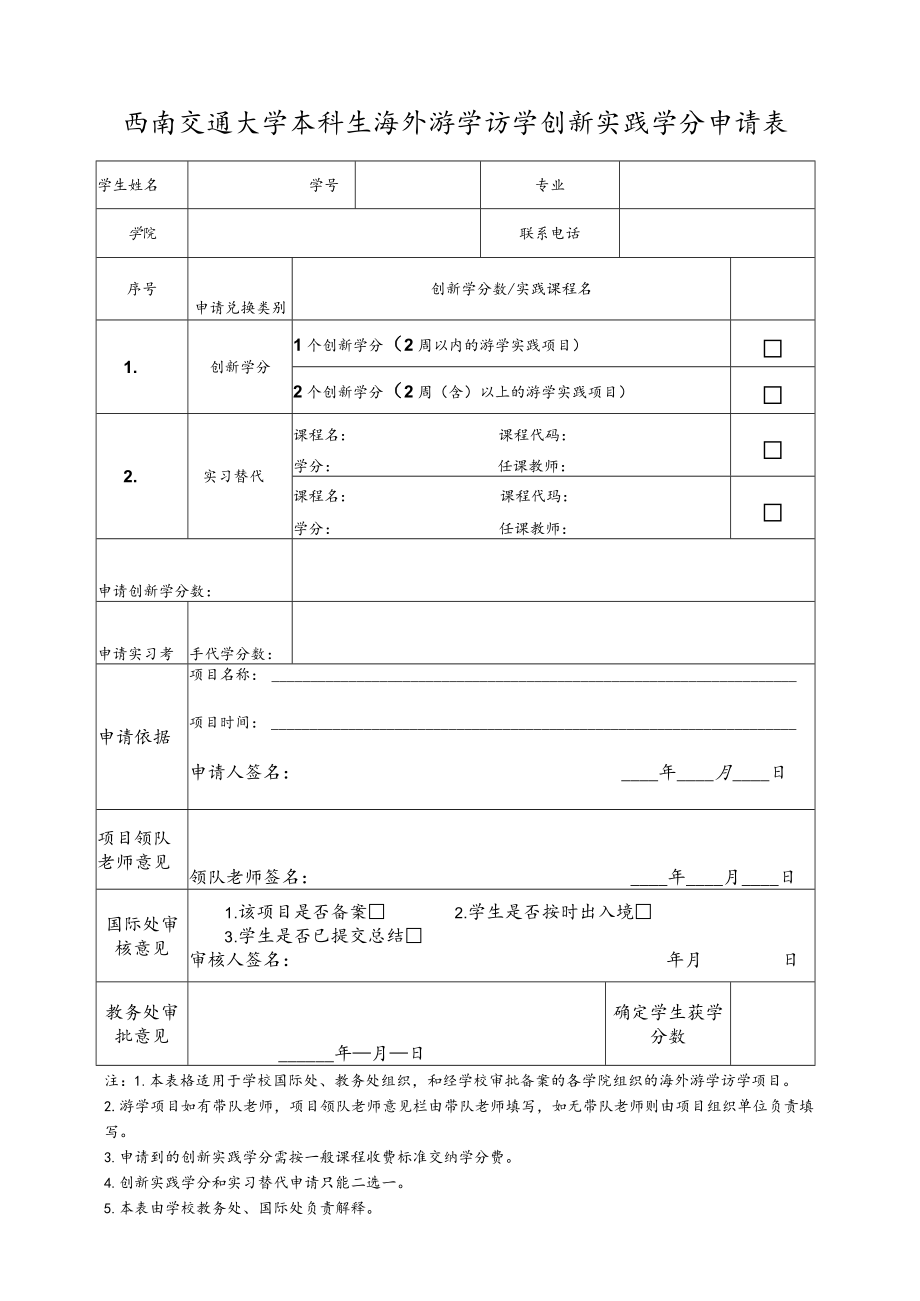 西南交通大学本科生海外游学访学创新实践学分申请表.docx_第1页