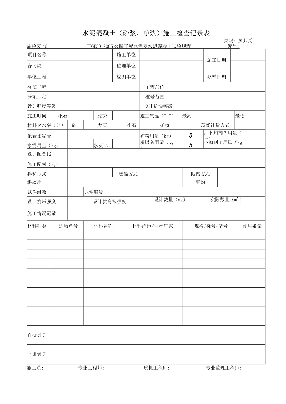 水泥混凝土（砂浆、净浆）施工检查记录表.docx_第1页