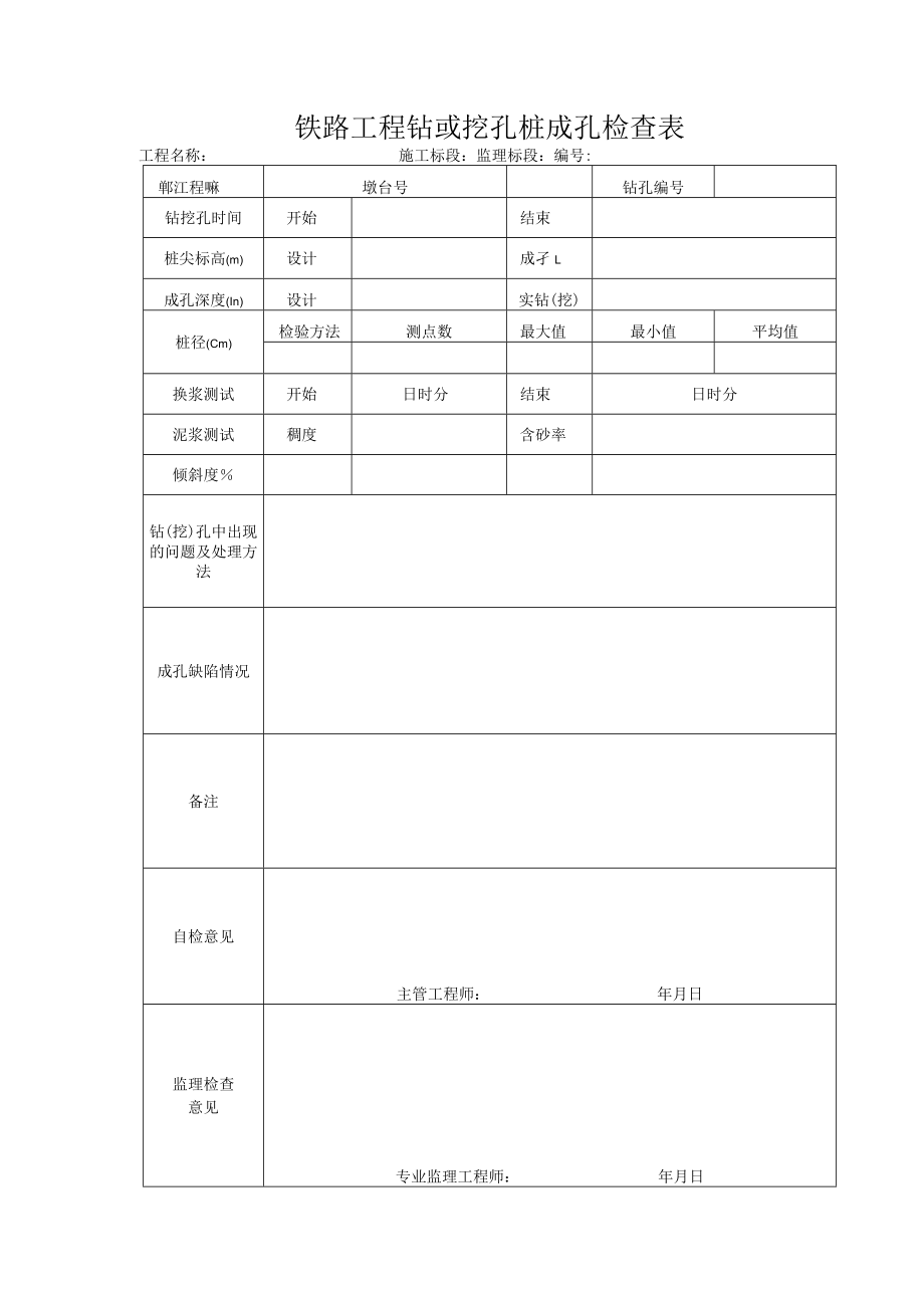 铁路工程钻或挖孔桩成孔检查表.docx_第1页