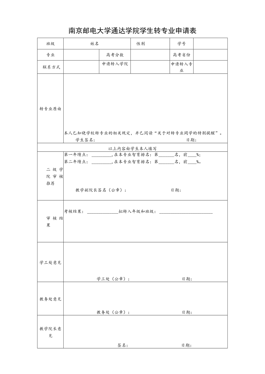 南京邮电大学通达学院学生转专业申请表.docx_第1页