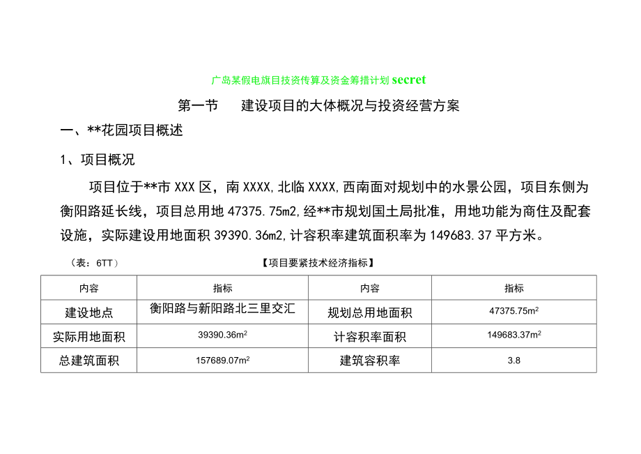 广西某住宅项目投资估算及资金筹措计划secret.docx_第1页